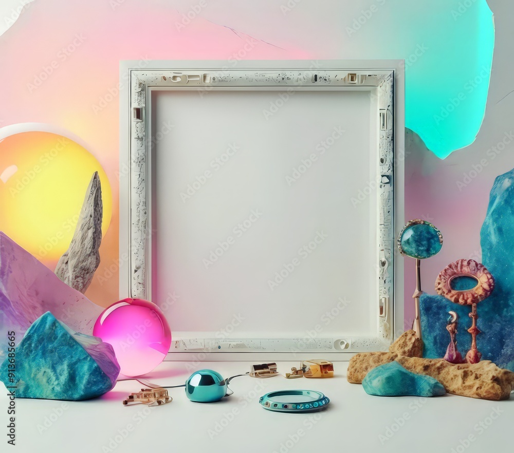 Poster white frame with blank canvas sits on white surface, surrounded by collection colorful objects inclu