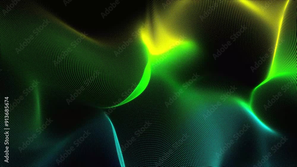 Poster abstract looping multicolor motion waving dots texture on black background. cyber or technology digi