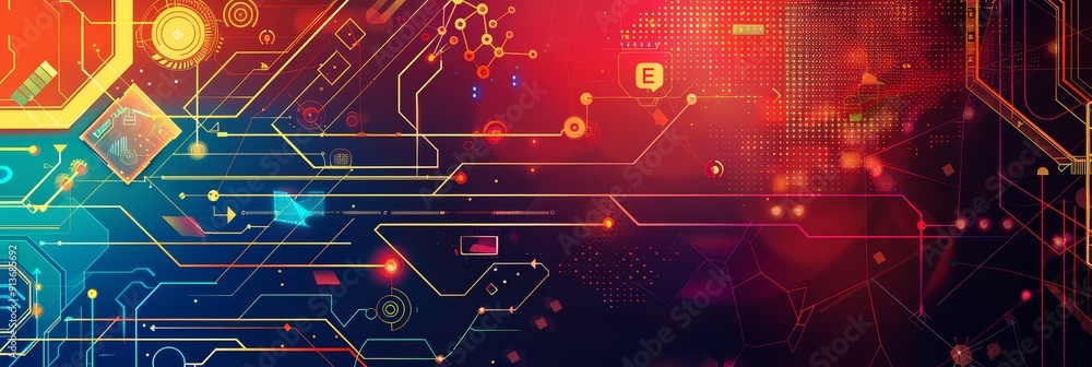 Aufkleber an abstract digital network background with glowing lines, circuit boards, and data points, symboliz