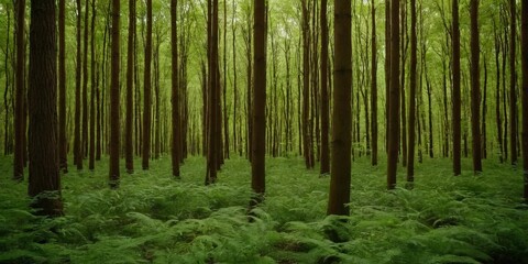 Fototapeta premium dense forest with tall trees and lush green ferns, creating serene and tranquil atmosphere.