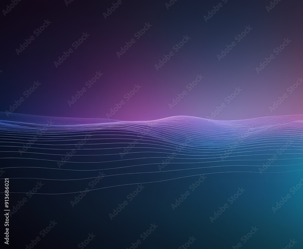 Poster gradient purple and blue hues fills the frame, with wave-like pattern lines extending into the dista