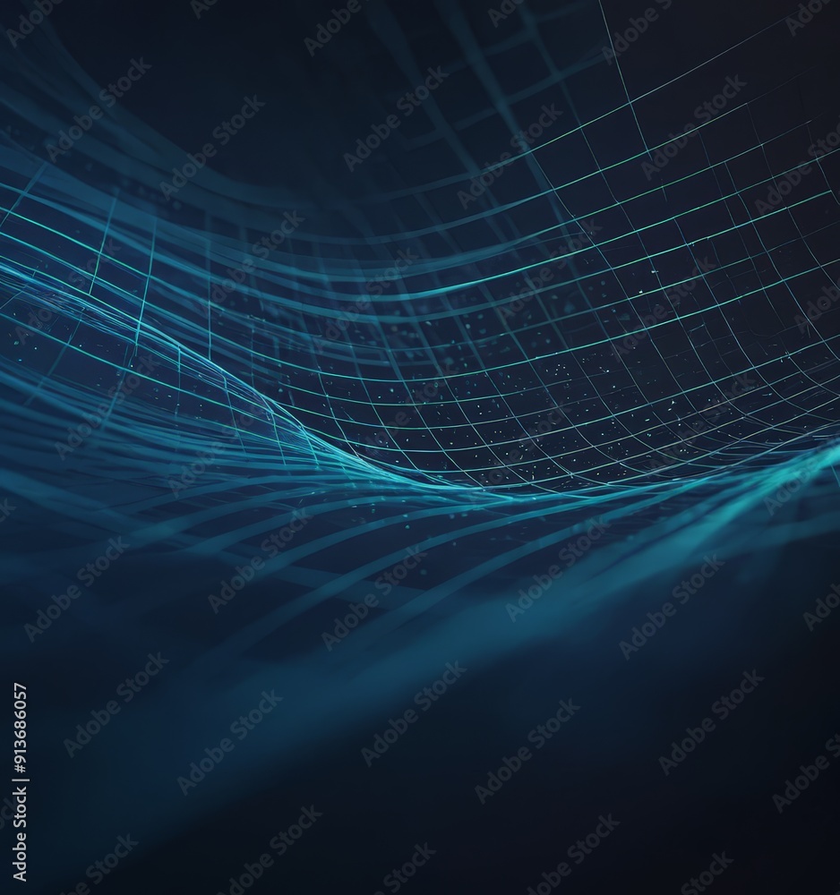 Poster digital wave-like pattern in shades blue and green, with grid-like texture and gradient effect.
