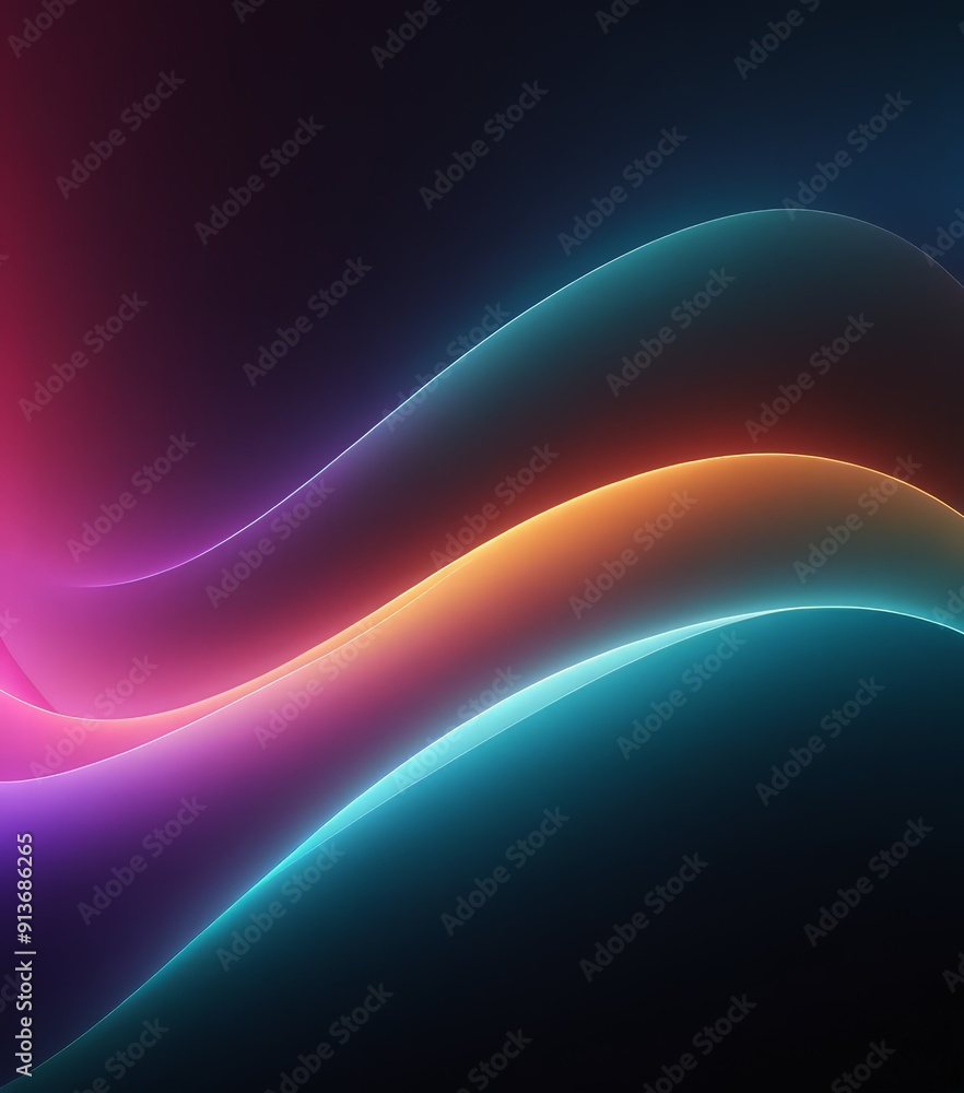 Poster digital wave-like pattern with vibrant colors, transitioning from purple to orange and blue, creatin