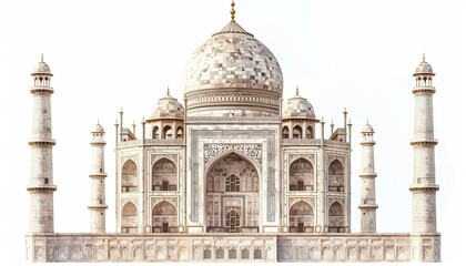 Obraz premium A captivating view of the Taj Mahal, India, architectural masterpiece, framed by intricate golden borders, isolated on white background