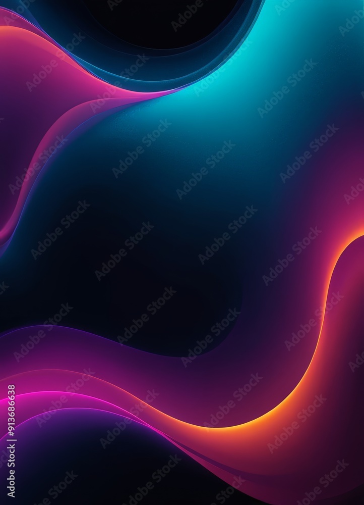 Poster digital abstract, colorful waves with gradient effect transitioning from blue to pink and orange.