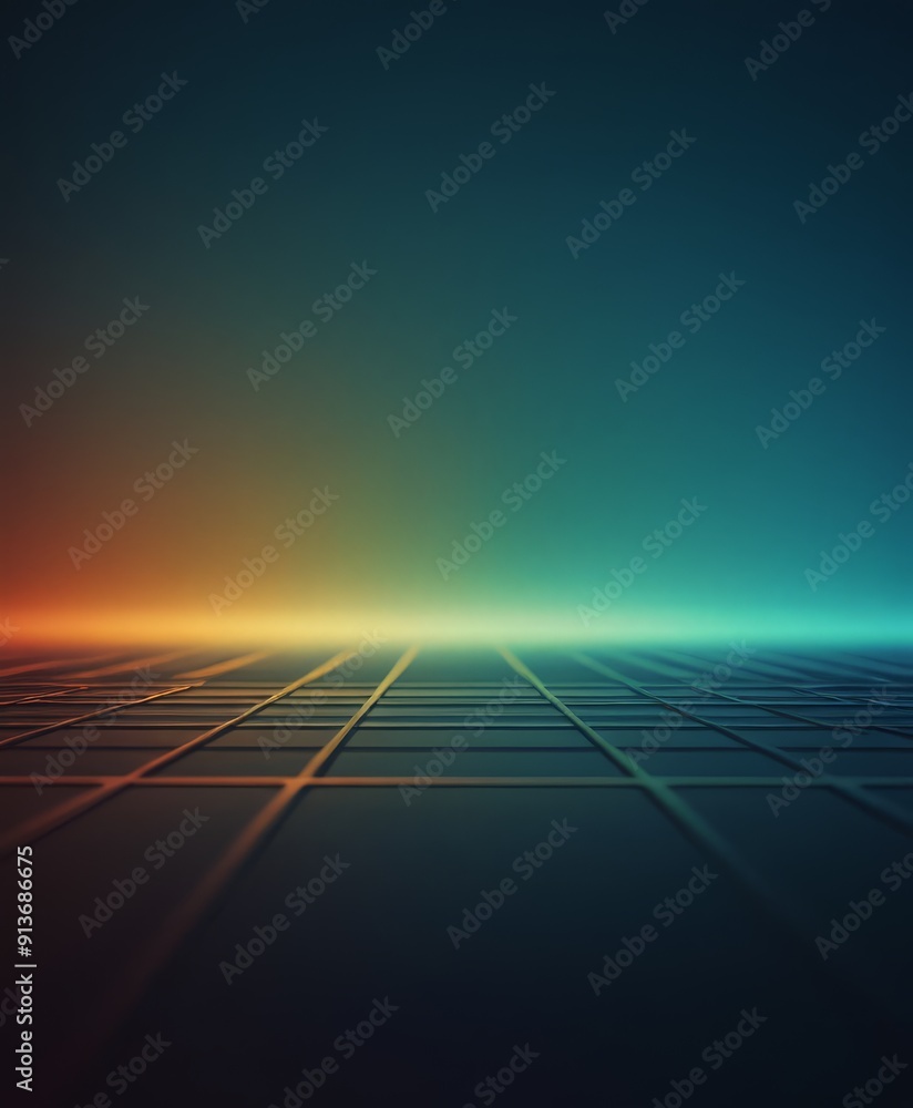 Poster gradient blue, green, orange, and red lights illuminates grid-like pattern on dark background, creat