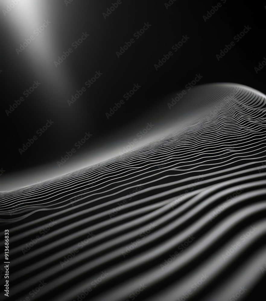 Poster black and white wave-like surface, with gradient light and shadow, creating sense depth and movement
