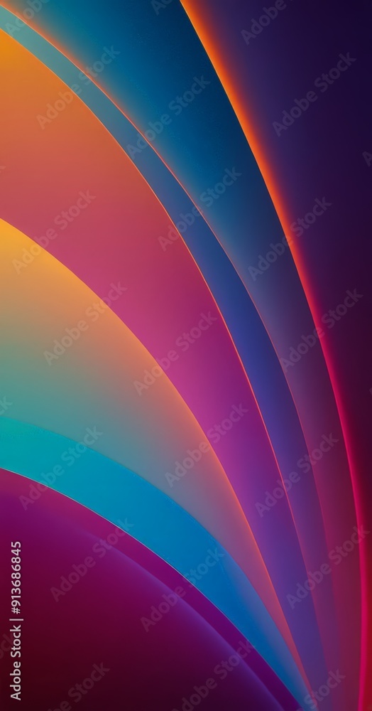 Poster vibrant abstract features curved lines in rainbow-like pattern, transitioning from warm to cool colo