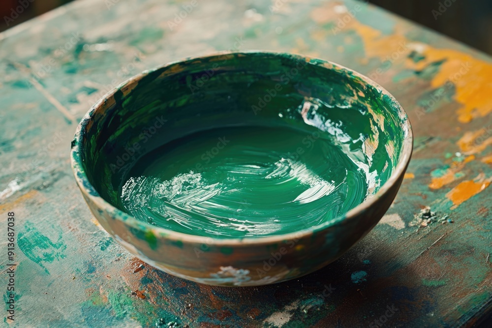 Sticker Green Bowl on Wooden Table