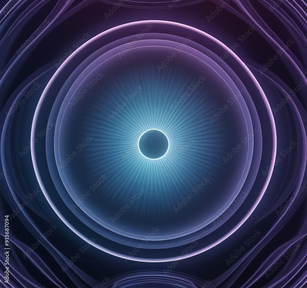 Poster digital circular pattern with concentric circles, featuring blue and purple gradient background and 