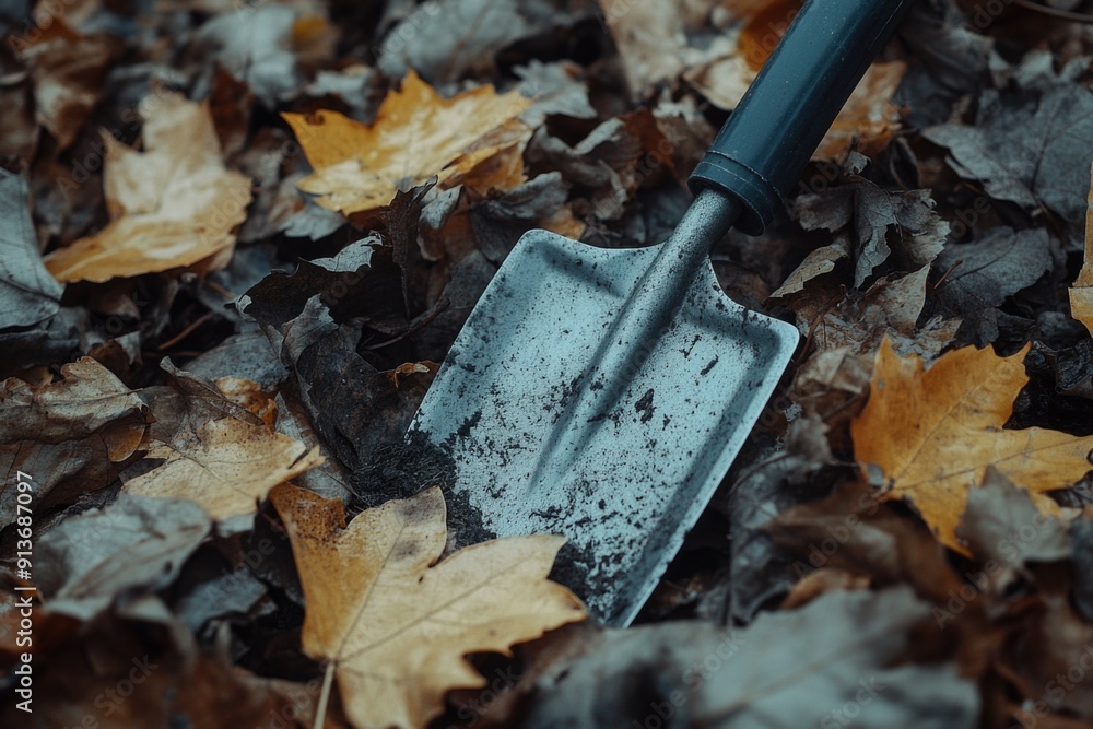 Poster shovel on leaf pile