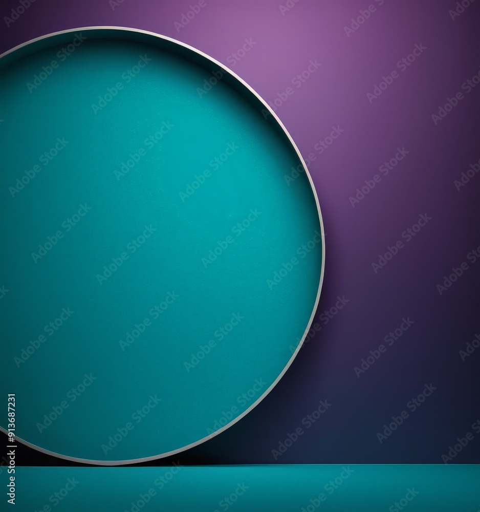 Poster teal-colored circular object is set against gradient purple background, creating visually striking c