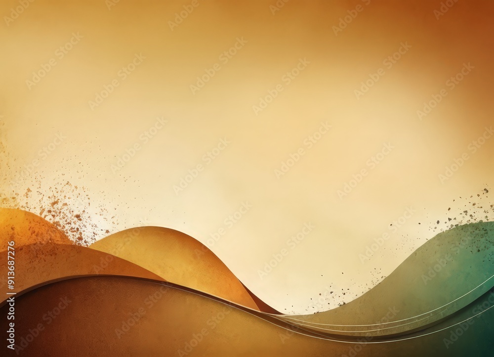 Poster gradient background transitions from warm orange to cool green, with wavy lines and small white spec