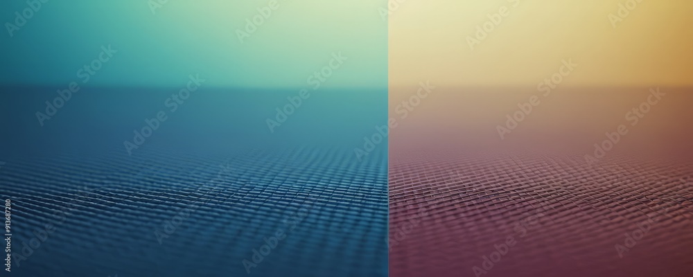 Poster split displays gradient background transitioning from blue to yellow, with textured surface in the b