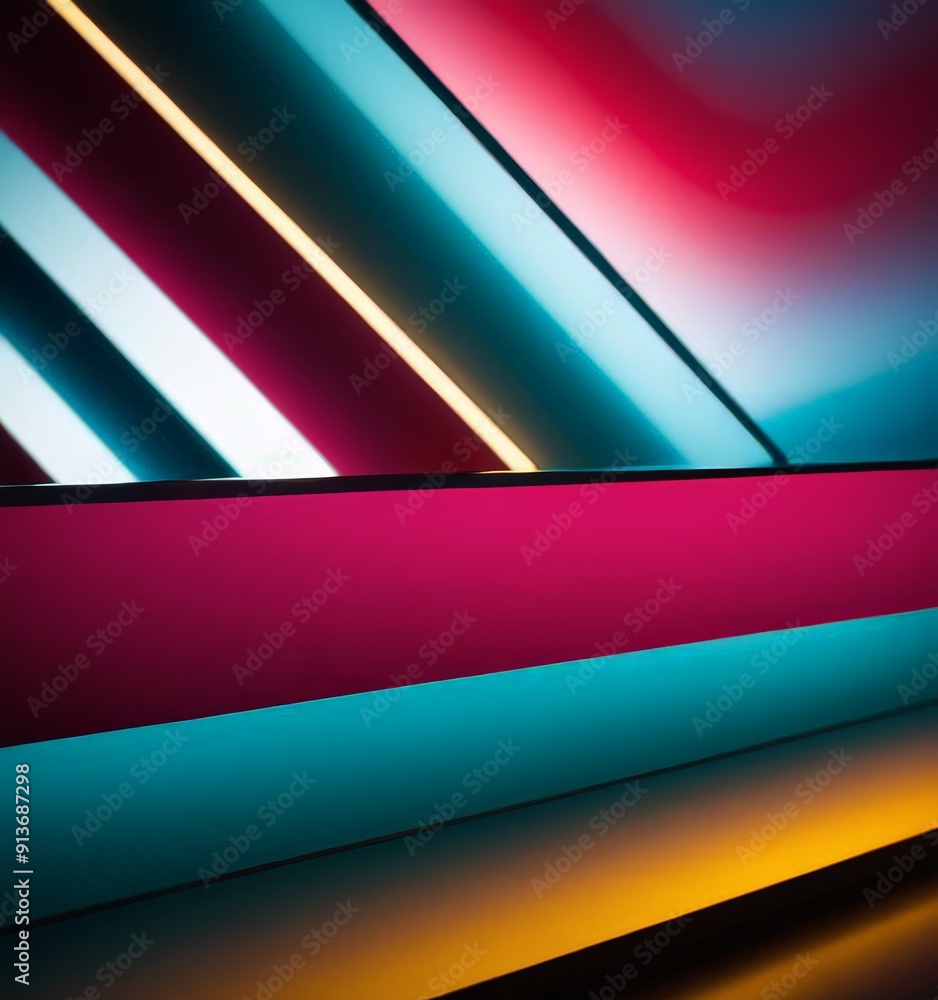 Poster vibrant abstract composition features diagonal lines in red, blue, and yellow, creating dynamic and 