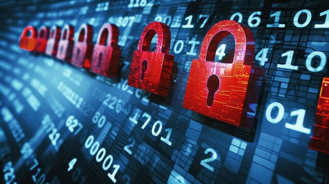 Red padlock icons symbolize data protection, security, privacy, online safety, and digital fortress.