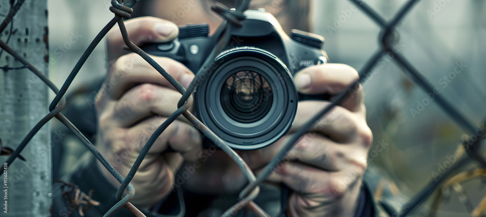 Sticker photographer or paparazzi with photo camera behind barbed wire.world press freedom day