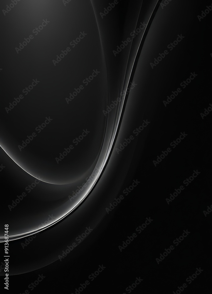 Poster black abstract background with curved white line, creating sense movement and depth.