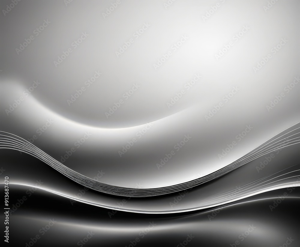 Poster black and white abstract featuring gradient background with wavy lines and bright light source.