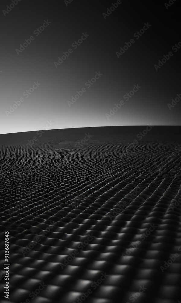 Poster black and white vast, undulating landscape with gradient sky and repeating pattern lines and dots.