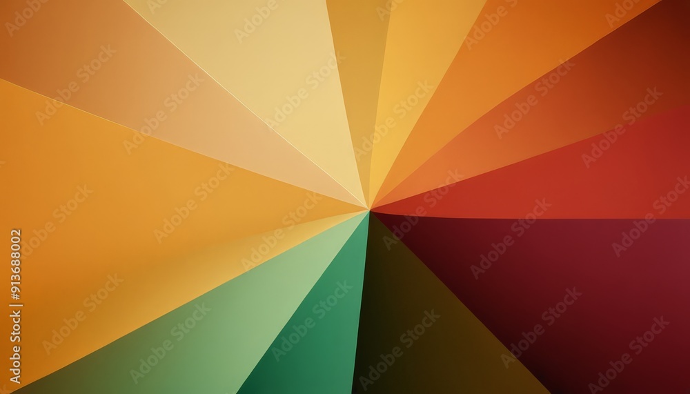 Poster vibrant abstract composition features central green triangle surrounded by concentric circles orange
