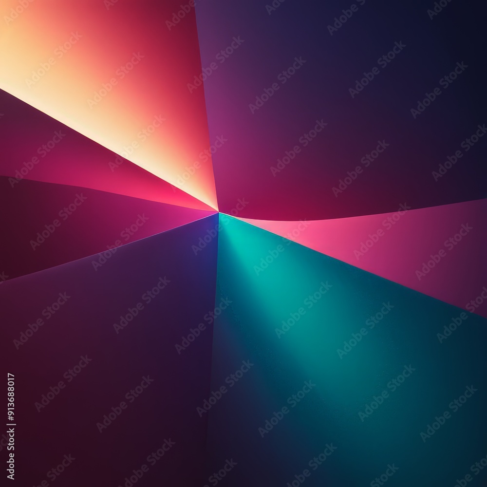 Poster vibrant abstract composition features gradient warm and cool colors, with central light source casti