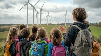 Group Of Schoolchildren With Teacher On A Field Trip To A Wind Turbine Plantation. Concept Of Renewable Energy, Love Of Nature, Electricity, Green, Future. Generative AI - Powered by Adobe