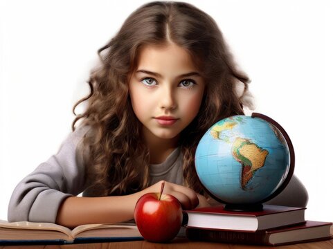 A girl student sits at a table with a globe and a red apple atop a stack of books, set against an isolated white background.  AI generated.
 - Powered by Adobe