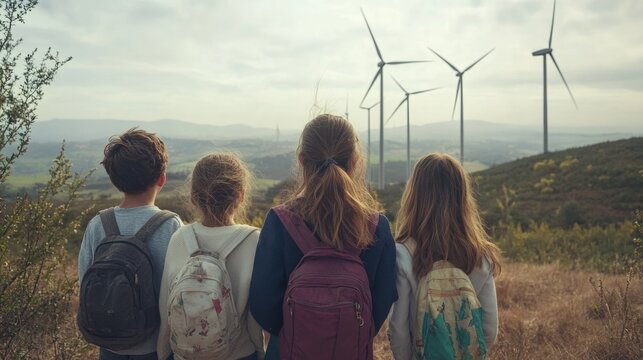 Schoolchildren On A Visit To A Wind Turbine Farm. Focus On Sustainability, Environment, Renewable Energy, And A Clean Future. Generative AI