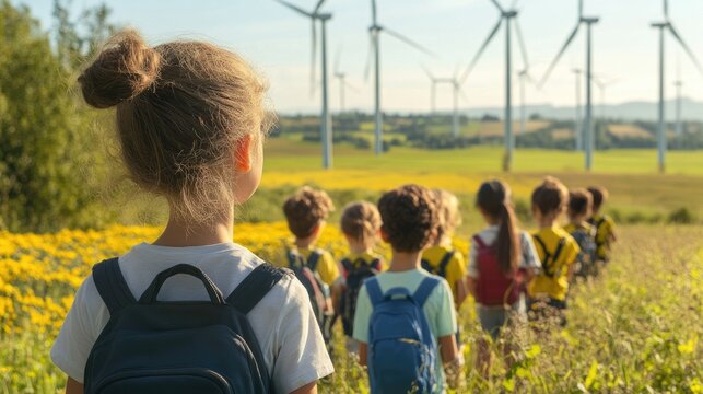 Group Of Schoolchildren Visiting A Wind Turbine Plantation. Sustainability. Concept Of Environment, Renewable Energy, Clean Energy And Future. Generative AI