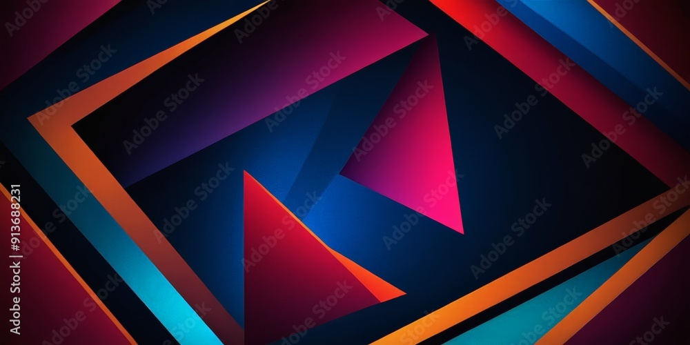 Poster vibrant abstract composition features overlapping triangular shapes in shades red, blue, and orange,