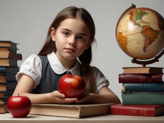 A girl student sits at a table with a globe and a red apple atop a stack of books, set against an isolated white background.  AI generated.
