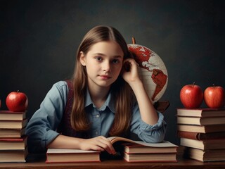A girl student sits at a table with a globe and a red apple atop a stack of books, set against an isolated white background.  AI generated.
