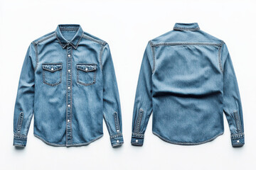 Front and back view of denim shirts on white background