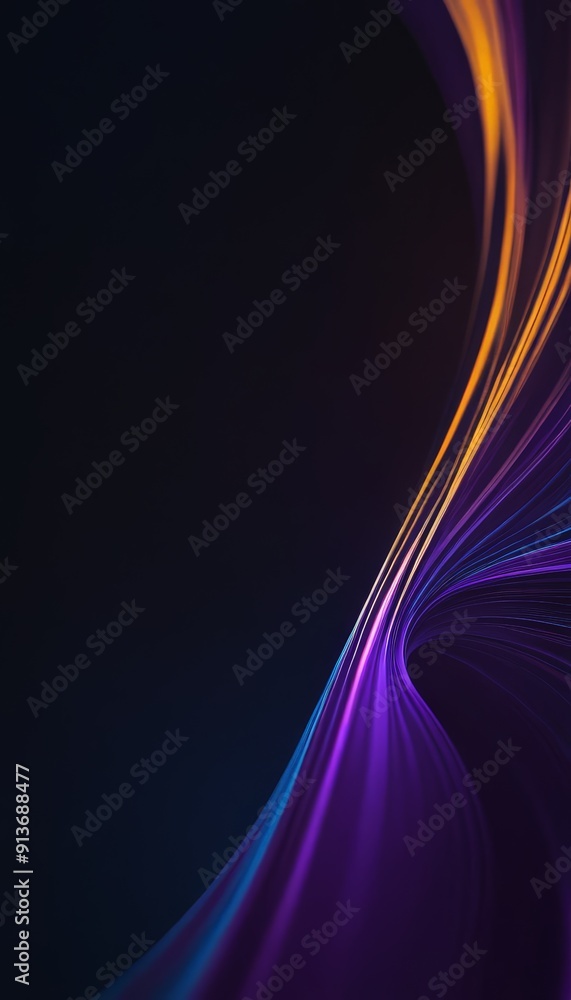 Poster digital curved, abstract design with gradient purple and orange lines, creating sense movement and d