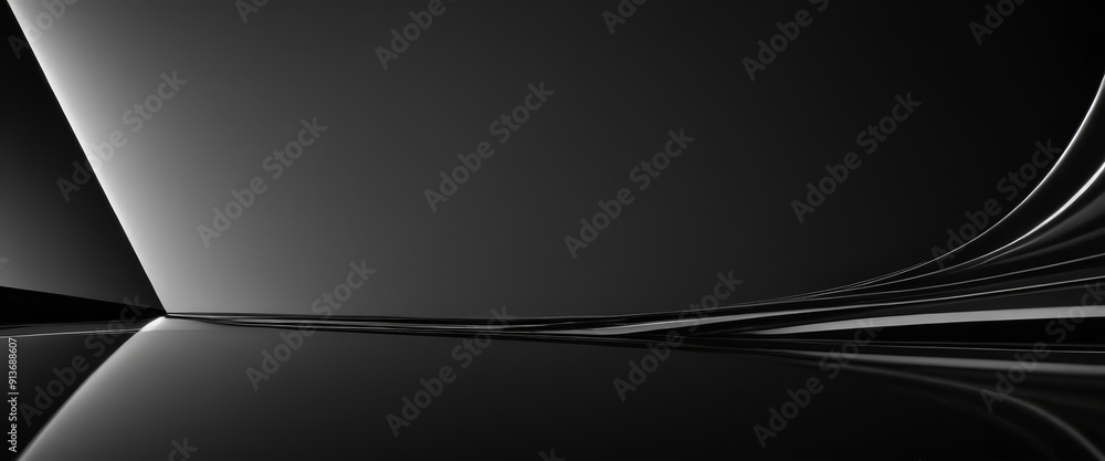 Poster black and white abstract featuring curved line and light source, creating sense depth and movement.