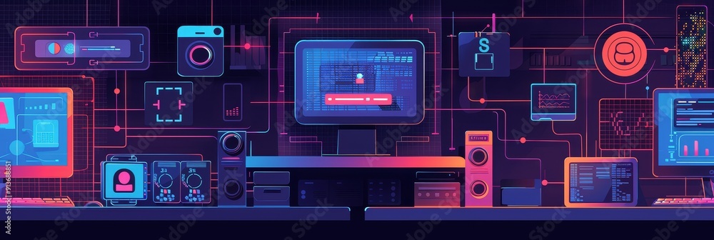 Poster this image depicts a modern workspace with multiple computers and devices connected by a network. th