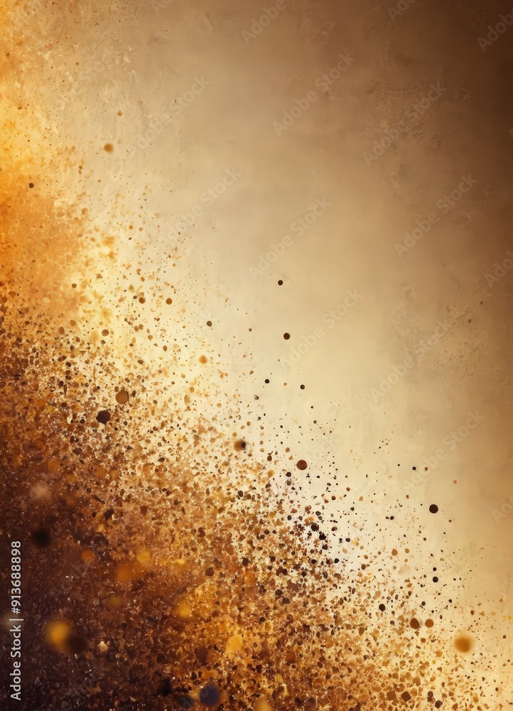Poster gradient background transitions from warm brown to deep orange, with scattered small black dots, cre