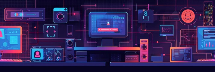 Obraz premium This image depicts a modern workspace with multiple computers and devices connected by a network. The screens show data visualizations