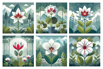 Six beautifully illustrated flowers, each set against a lush, scenic background. Perfect for nature-themed designs, modern botanical art, and decorative projects.
