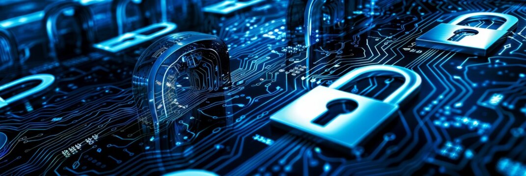 This image symbolizes the importance of cybersecurity in the digital age. It depicts padlocks on a circuit board, representing the protection of sensitive data.