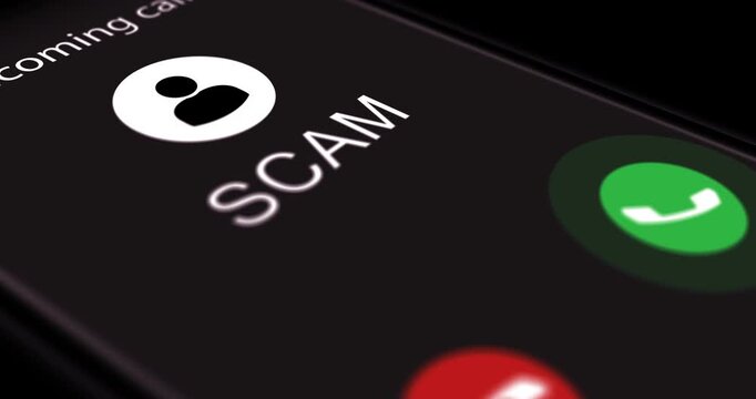 Smartphone screen with incoming call marked as Scam, getting phone call on mobile phone from swindler or scammer, footage