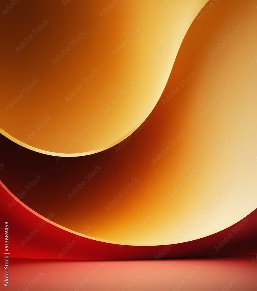 Poster close-up view vibrant abstract composition, featuring two overlapping curved shapes in warm hues ora