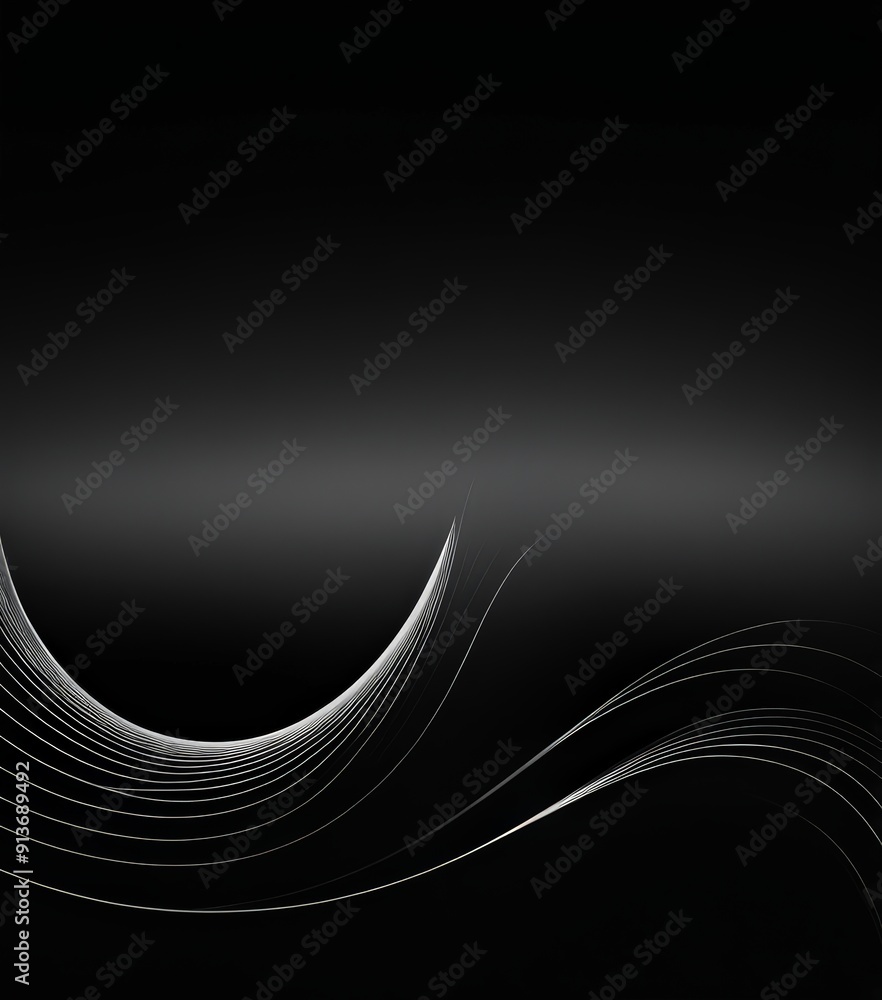Poster black and white abstract featuring curved line and crescent moon shape, with gradient effect.