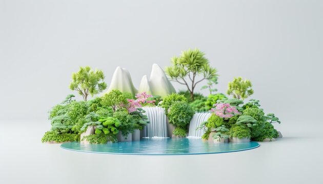 River landscape with drizzle on solid white background, single object