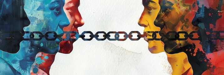 Two faces are connected by a chain, symbolizing the interconnectedness of relationships, reliance, collaboration, shared experiences, and collective responsibility.