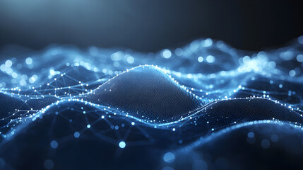 Abstract waves cover the low polygonal triangle background, creating a futuristic and dynamic effect. The combination of neon colors and geometric shapes adds a modern technological feel