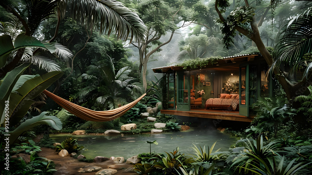 Poster Jungle Cabin with Hammock and Pond - 3D Illustration