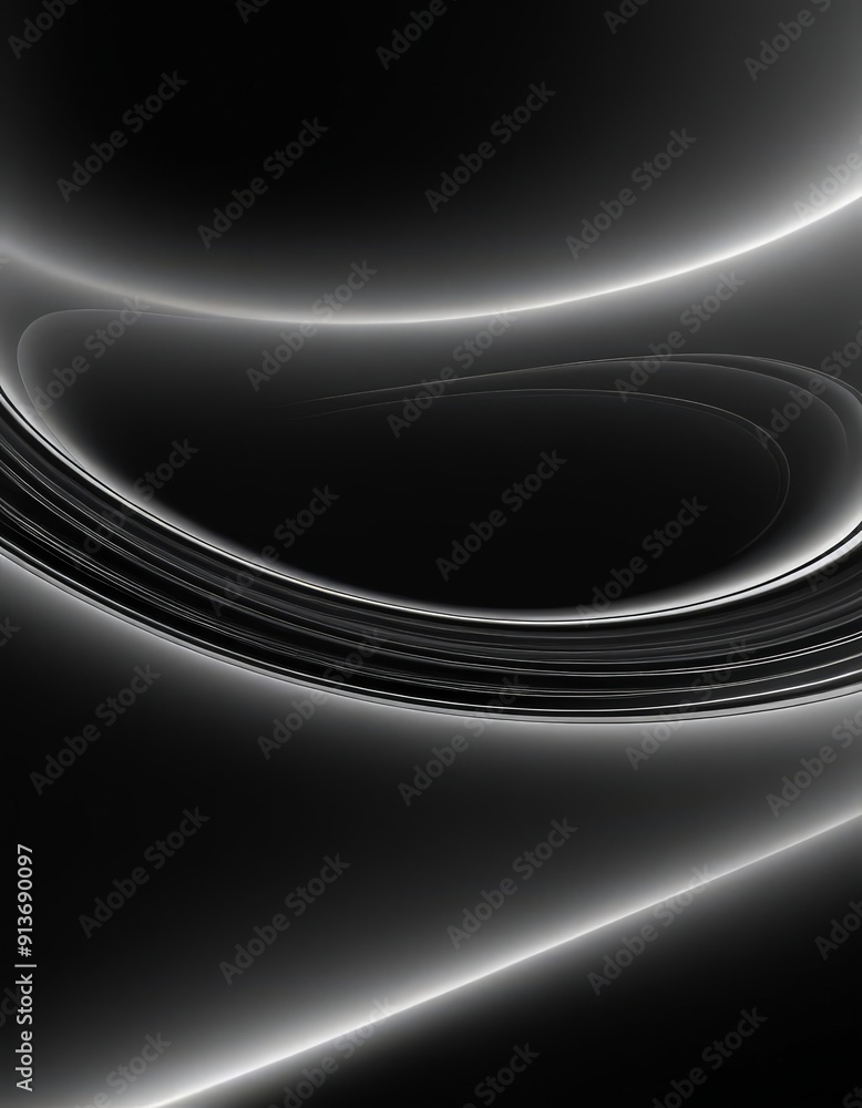 Poster black and white abstract featuring curved line and circular shape, with gradient effect.