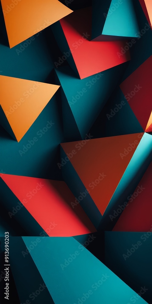 Poster 3d geometric pattern overlapping triangular shapes in various shades orange, red, and blue, with gra